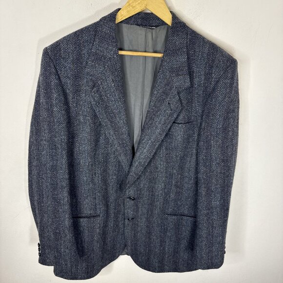Harris Tweed 44L Long Gray Blue Herringbone Sport Coat Blazer Handwoven Scotland - Picture 1 of 8